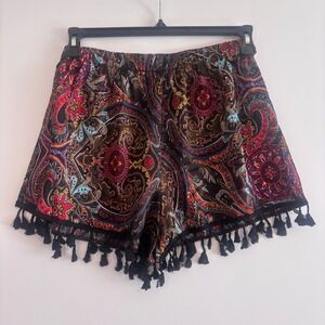 Shein Paisley Shorts Women's Large Boho Tassel Trim Elastic Waist Colorful